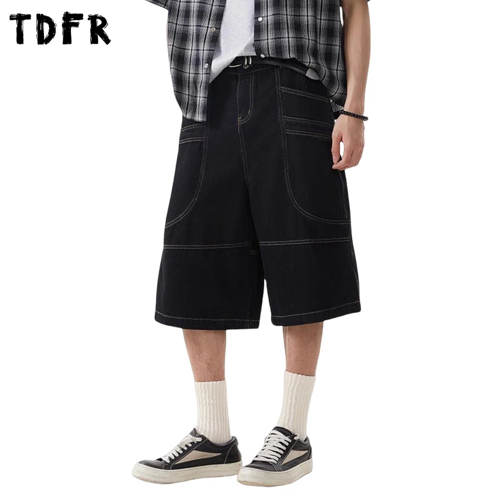 

Pocket Denim Shorts Mens Top Stitch Spliced Summer Streetwear Loose Straight Wide Leg Short Jeans Men
