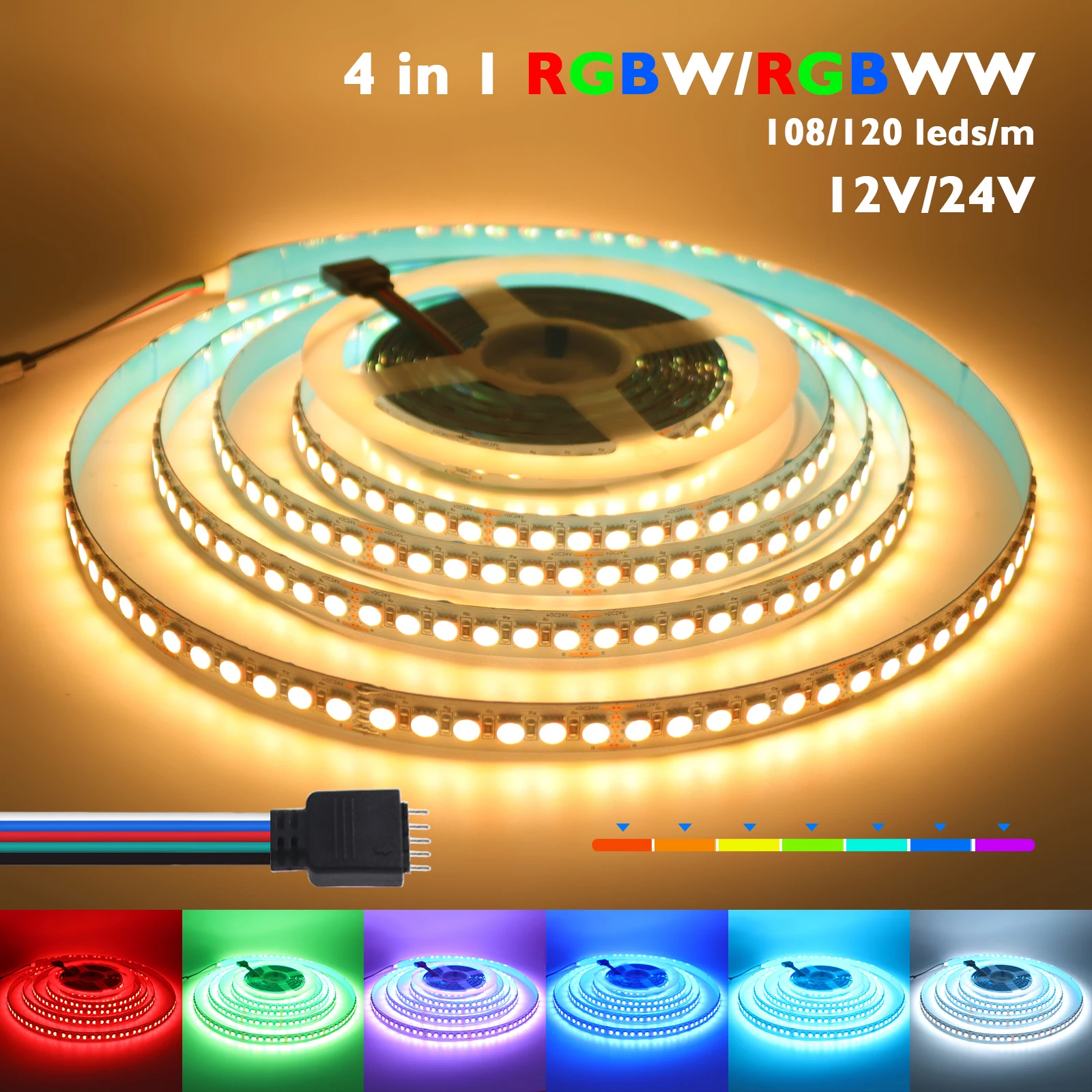 5m 12V 24V 5050 RGBW RGBWW 4 in 1 LED Strip 108 120LEDs/m Flexible Tape 12MM PCB Not Waterproof 5 Pin Ribbon for Home Decor