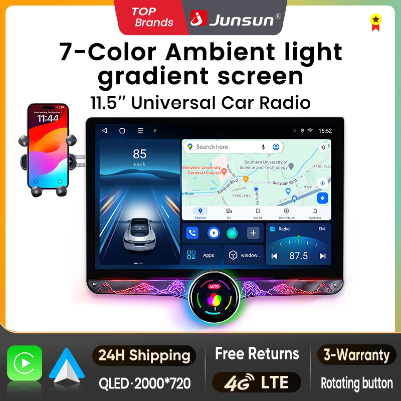 Junsun Écran tactile 2K de 11,5 pouces, CarPlay sans fil pour Apple, autoradio universel, Android Auto, lecteur multimédia vidéo, systèmes intelligents automobiles, autoradio 2 Din, GPS, navigation, BT, 4G, WIFI, 8 cœurs, FM, AM, DSP, RDS, SWC, DAB