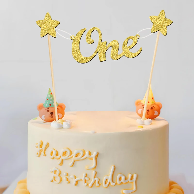 YOMDID One Banner Babyparty-Kuchenaufsatz für die erste Geburtstagsdekoration, One Birthday Party-Kuchenaufsatz mit Stern, Mini-Wimpelkette