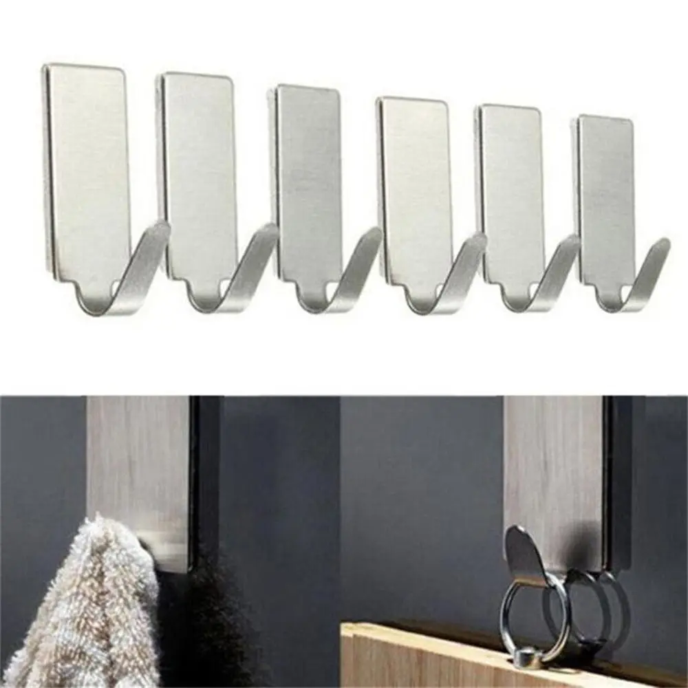 1/6Pcs Kitchen Bathroom Wall Hanger Hook Stainless Steel Self Adhesive Bathroom Organizer Multi-purpose Small Towel Rack Hanger