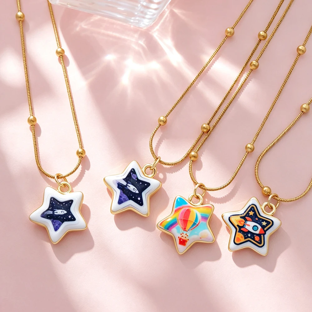Star Enamel Charms Rocket Hot Air Balloon Print Pendants with Beaded Snake Chain for DIY Handmade Jewelry Making Necklace