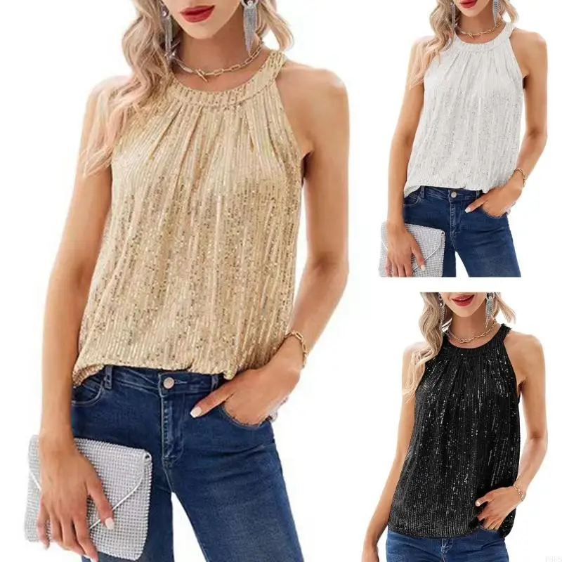 

P88B Women Glitter Sequins Pleated Halter Shirt Club Party Camisole Tops