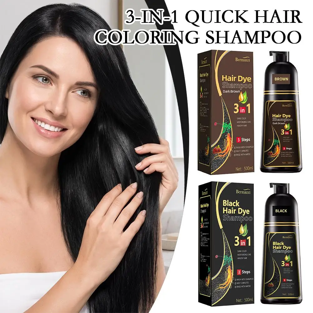 Bermazzi 3‑in‑1 Black Hair Dye Shampoo 500ml Instant Coloring Natural Plant Formula Long‑Lasting Color Cover Gray White Hair