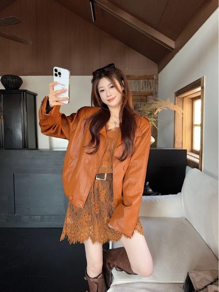 

Женская куртка из искусственной кожи в стиле ретро-мотоциклетной одежды, повседневная, модная, свободного кроя, стройнящая, весна 2026, новинка, верхняя одежда