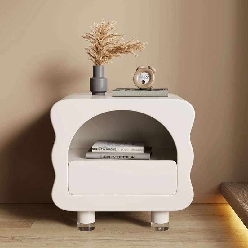 

French bedside table Creamy white Internet celebrity ins storage cabinet Minimalist creative waves Small bedside table