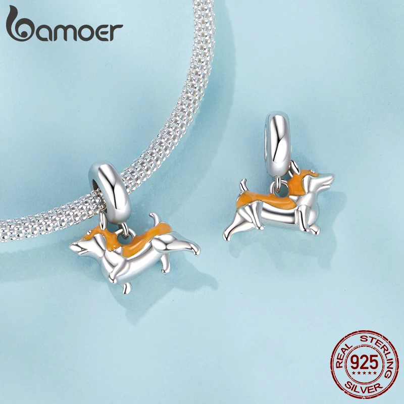 BAMOER Solid 925 Sterling Silver Corgi Pendant fit Original Bracelet & Necklaces Jewelry DIY bamoer Pet Charm SCC2940