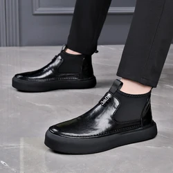 Ankle Boots Men's Genuine Leather with Plush Increase Low Top Soft Leather Soft Sole American Work Wear Shoes Short Chelsea