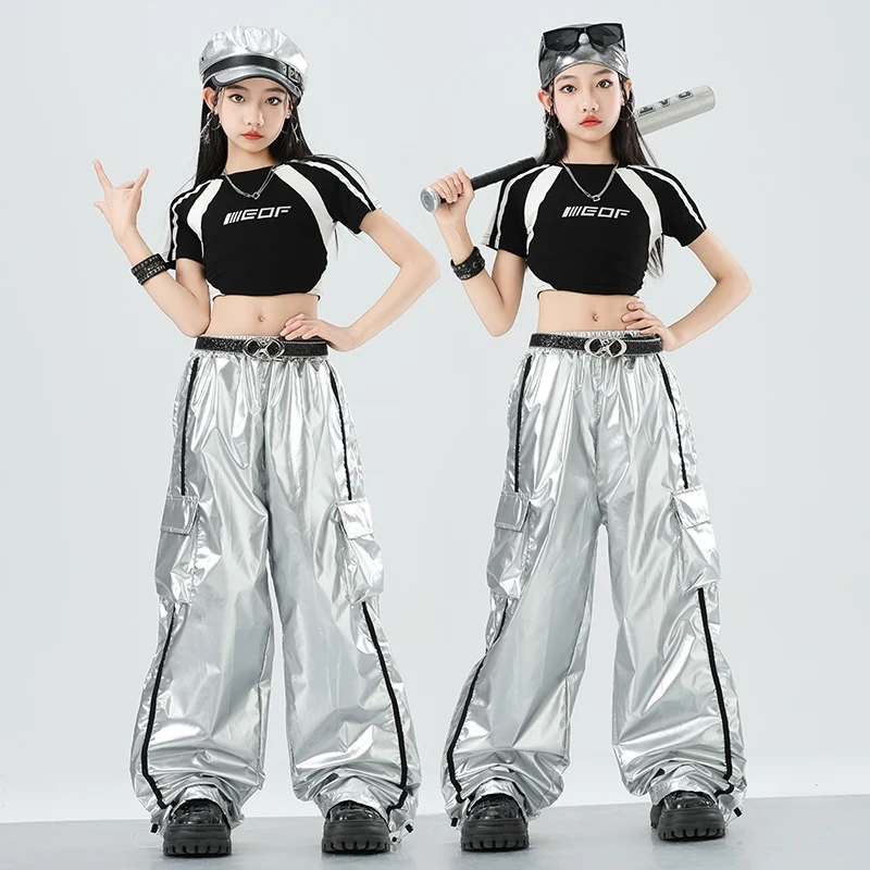 

Girl Hip Hop Jazz Dance Clothes Suit Costumes Street Dance Practice Crop Top Silver Leather Pants Suit Kpop Dance Wear DQL10595