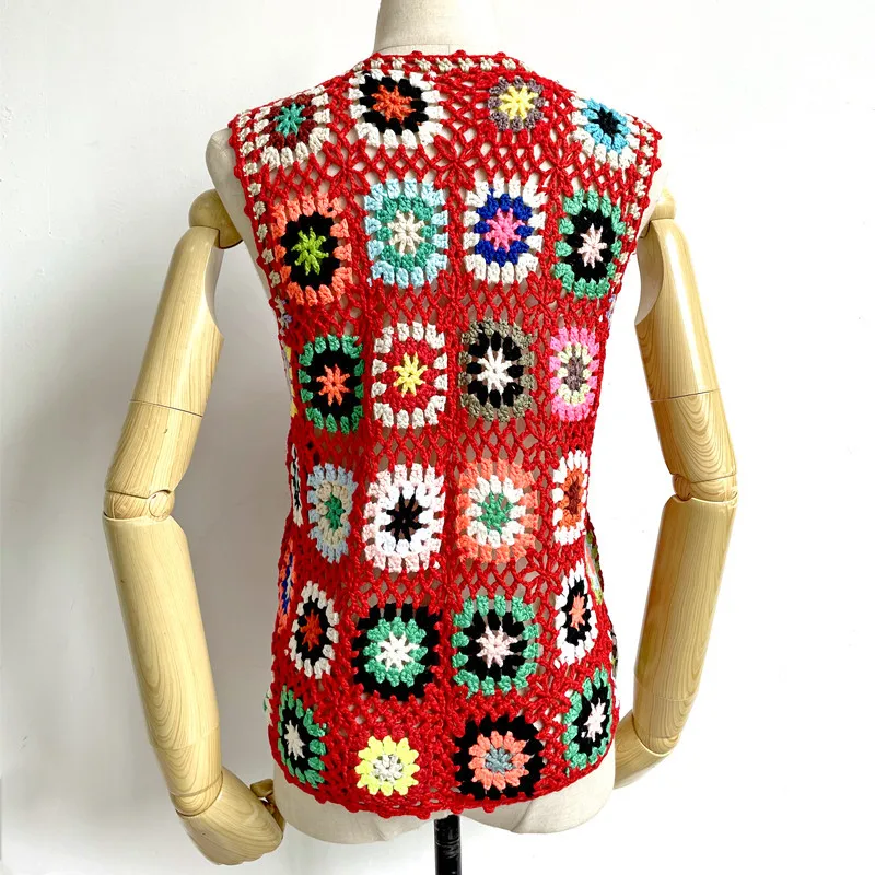 Crochet Women Knitted Vest Summer Retro Sleeveless Ladies Vests Jacket Cardigan Boho Coats Bohemian Beach Embroidery Waistcoat