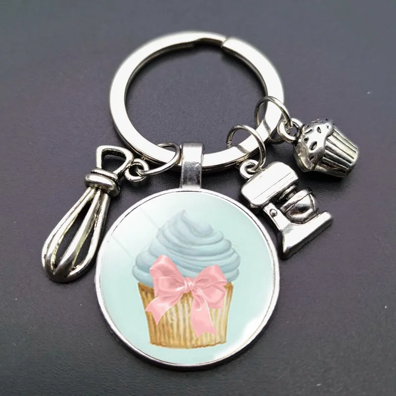 New Cake Cup Pendant Keychain Fashion Cute Dessert Glass Cabochon Metal Pendant Birthday Cake Shop Handmade Gift For Customers