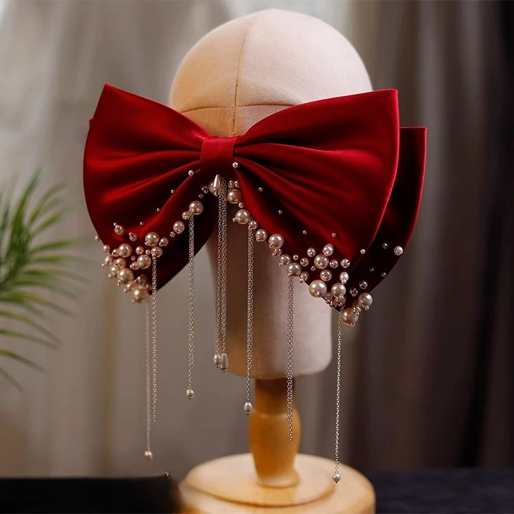 Français cousu à la main perle Satin exquis arc épingle à cheveux robe de mariée robe de mariée robe de grillage accessoires de robe