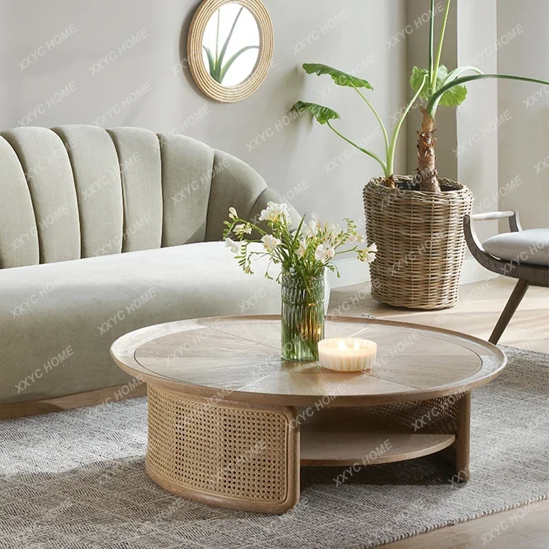 HModern simple original oak rattan rattan round coffee table  creative solid wood rattan tea table