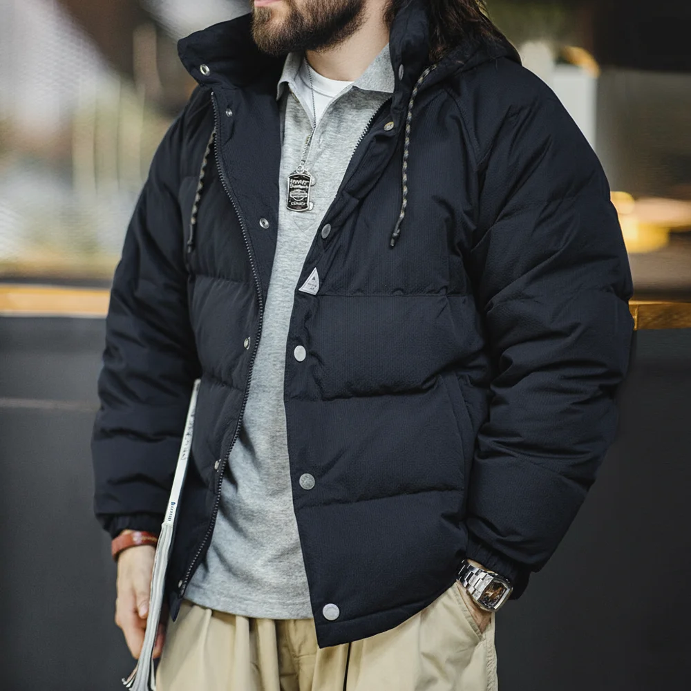 Maden Men's Winter Wide Quilting Seam Thickened Down Jacket White Duck Down Navy Blue Hooded Jacket High Density Fabric Warm Top