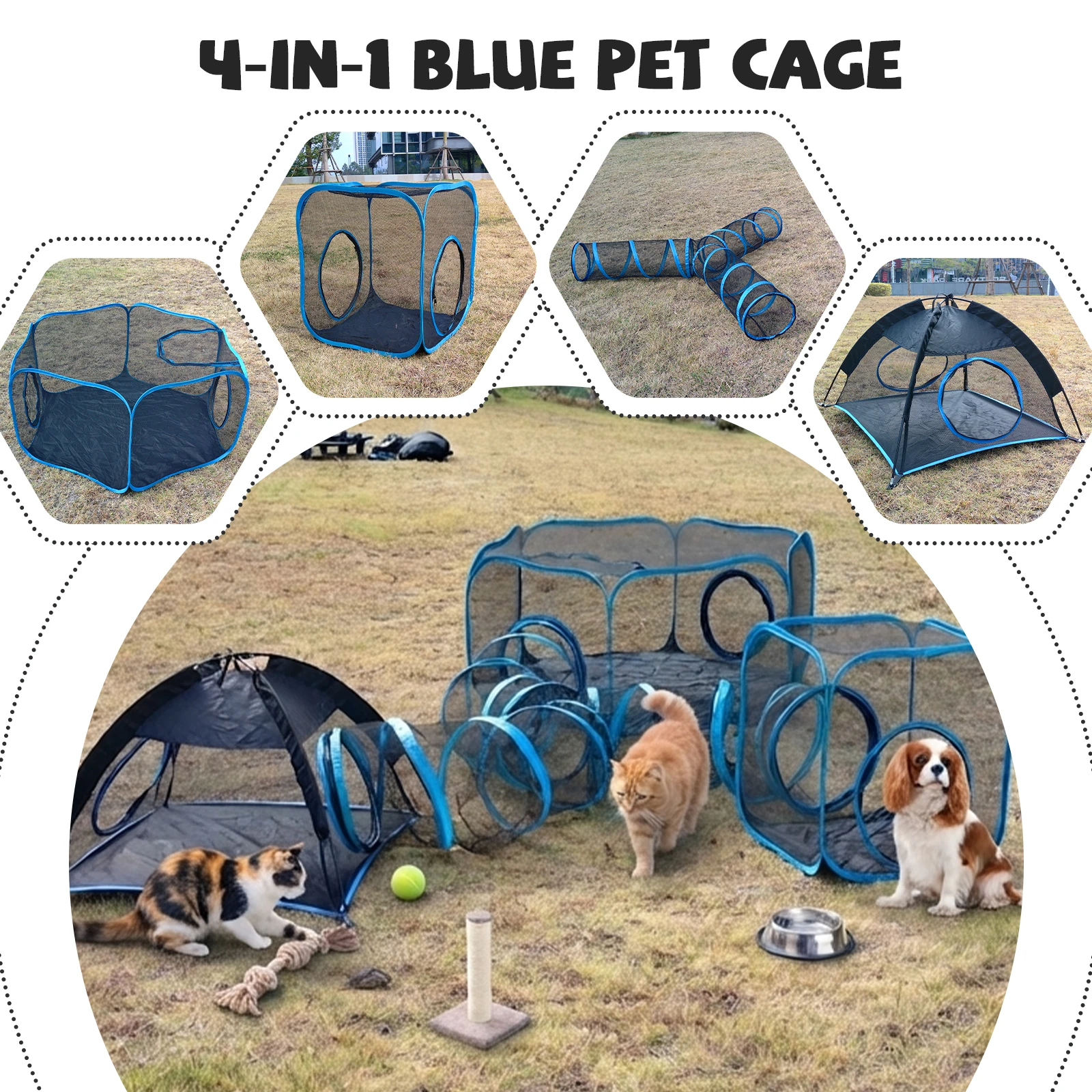 4-in-1 Portable Mesh Pet Fence with Tunnel Indoor Outdoor Playhouse Multi-Animal Cage Easy Setup for Cats Small Animals