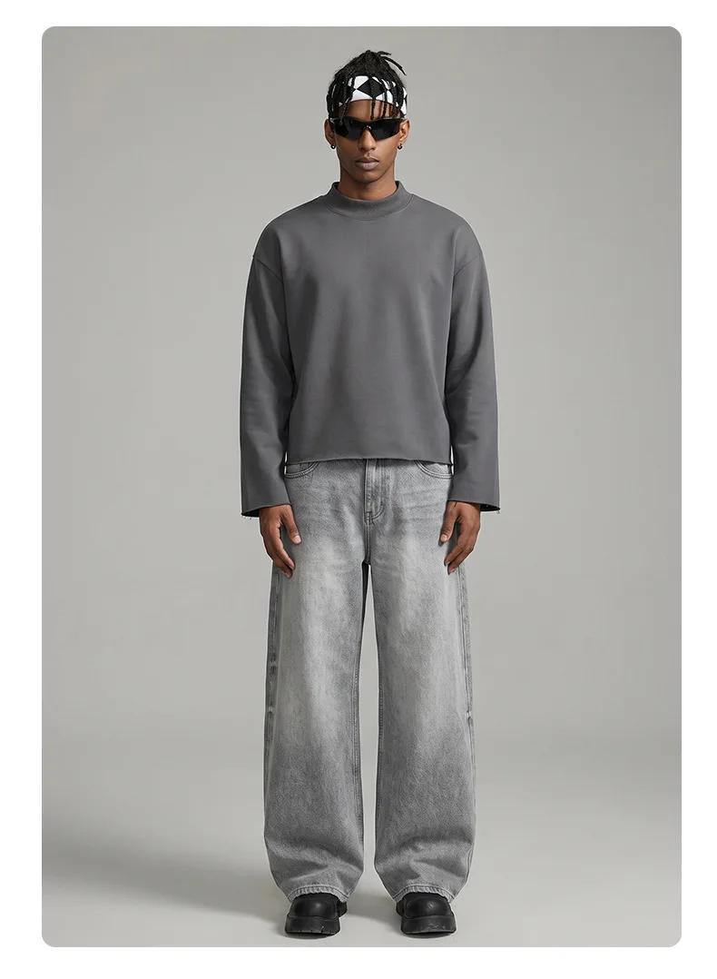 Personalized LOGO custom 350G cotton men's BOXY short and wide half-high neck long-sleeved hem burr sweater