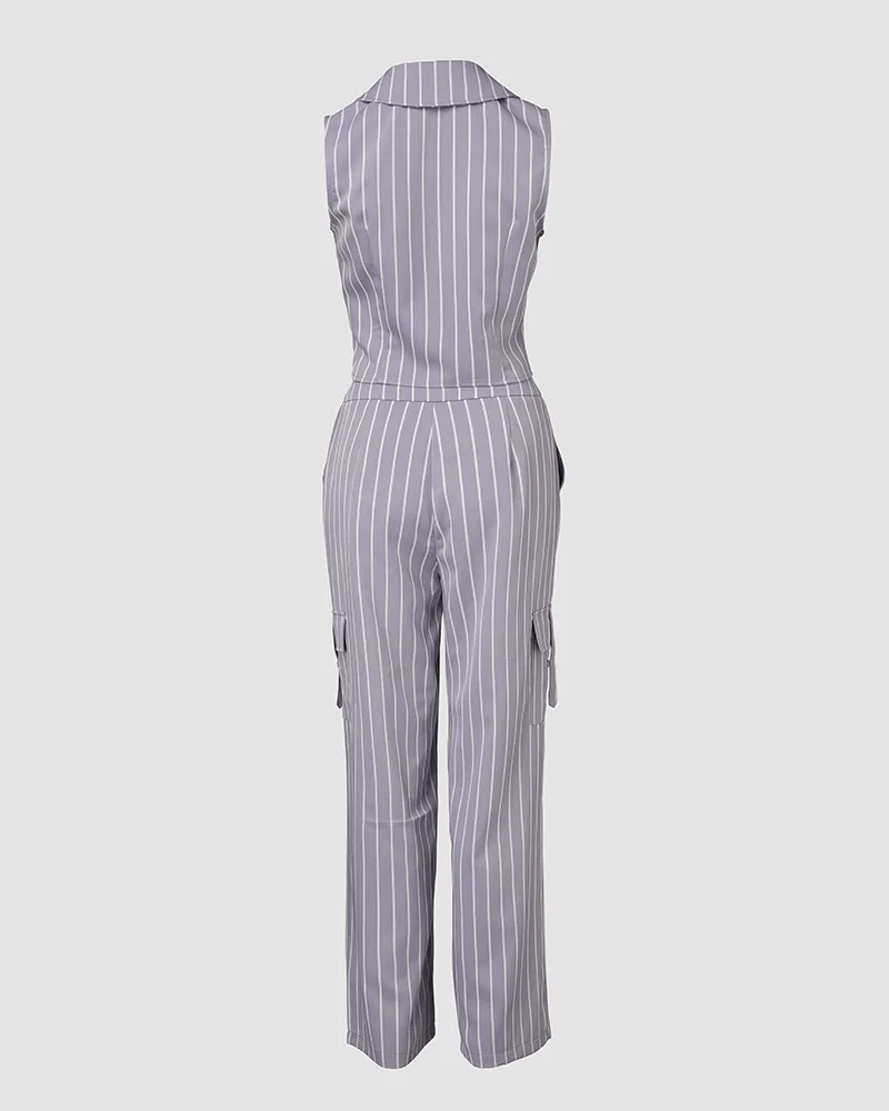 Notched Collar Striped Vest & Pocket Design Straight-Leg Pants Set