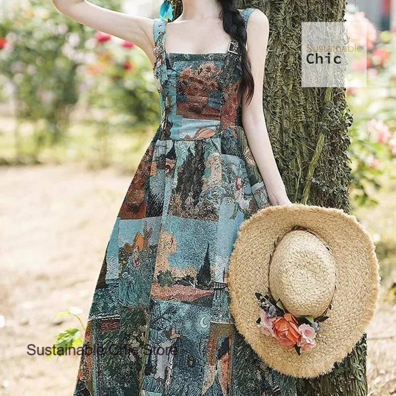 

French fashion sense jacquard oil painting wind suspender dress women's spring and summer color casual suspender skirt