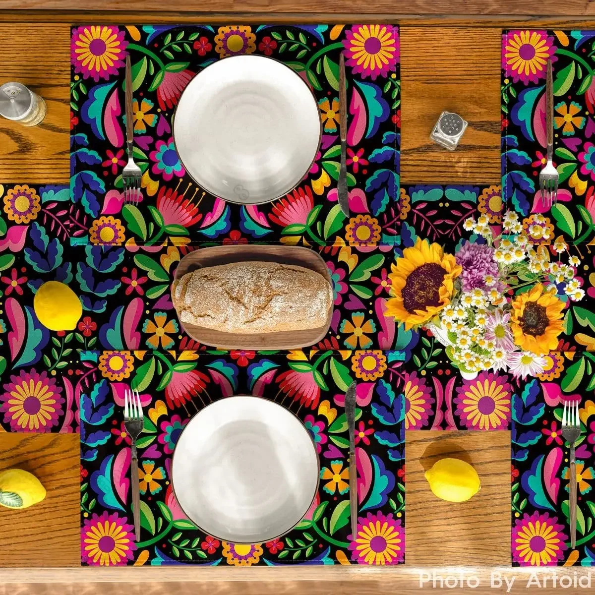 Mexican Fiesta Placemats Set of 4 12x18 Inch Dia De Los Muertos Cinco De Mayo Table Mats for Party Kitchen Dining Decoration