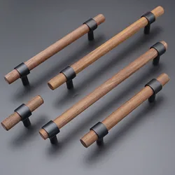 Wooden Cabinet Handles and Knobs Black Walnut Rural Furniture Handle Kitchen Cupboard Door Knob Longer Drawer Wardrobe Pulls