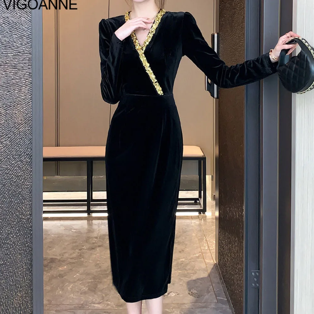 VigoAnne 2025 Spring Autumn Woman Solid Slim Velvet Dress Long Sleeve Korean Dresses Lady V Neck Evening Party Tight Long Dress