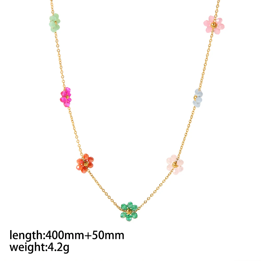 Modisches Edelstahl-Armband und Halskette Set mit Handgewebten Kristallen und Bunten Blumen, Wasserdichtes Charm-Schmuckset für Frauen – Detail 8