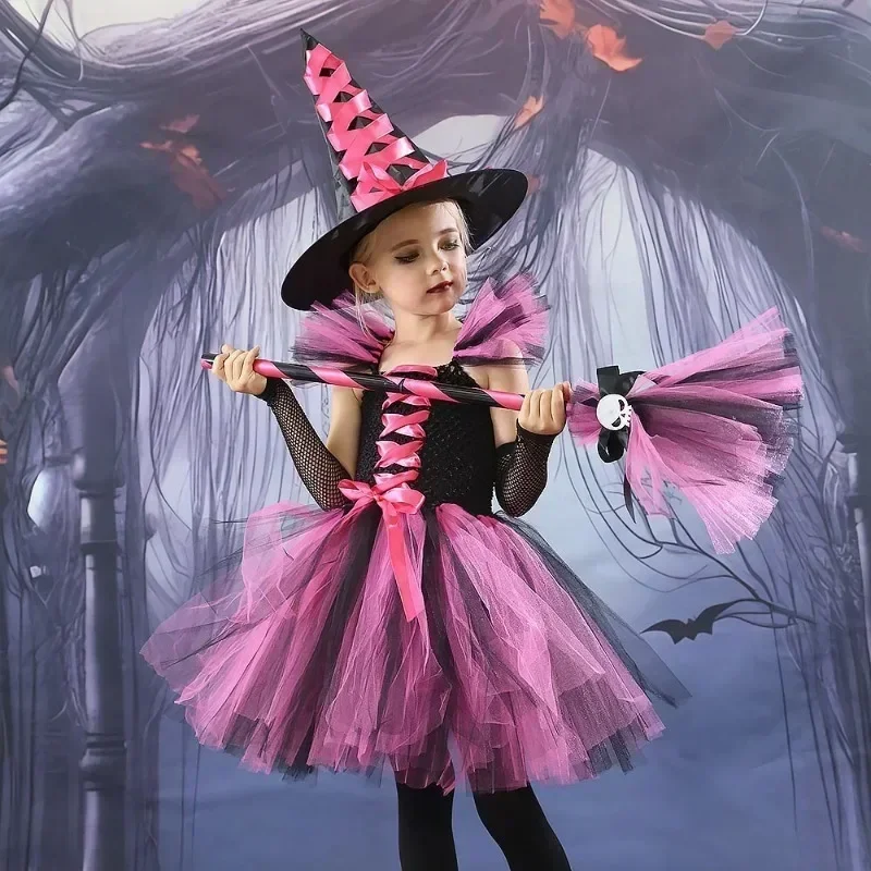 Halloween Hexen-Kostüm für Mädchen, Cosplay-Tutu-Kleid mit Hexenhut und Besen für Karneval, Kostümparty und Aufführung – Detail 10