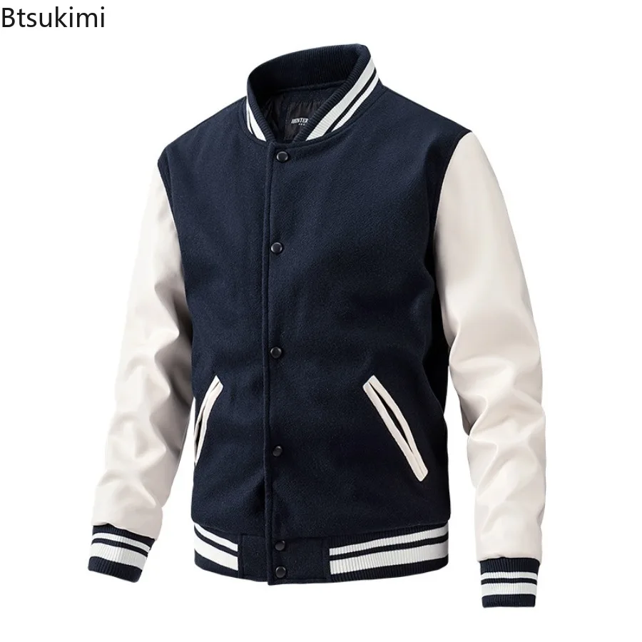 

2024Men's Autumn Winter Patchwork Baseball Jacket Thin Cotton Woolen PU Sleeve Thickened Warm Jacket Casual Sport Men's Clothing