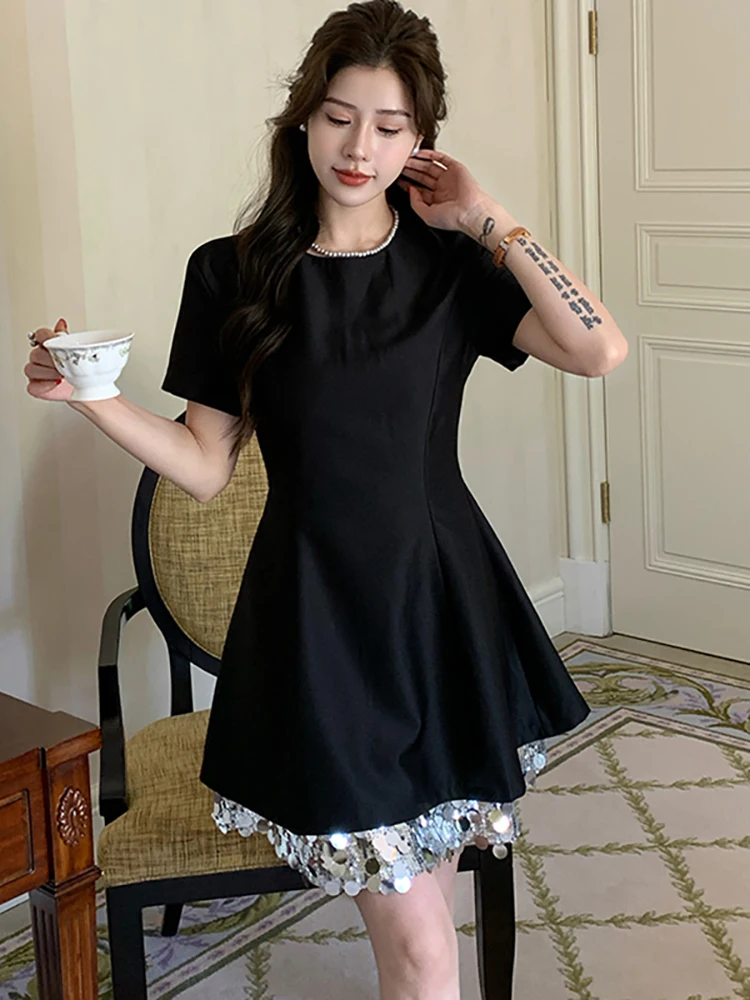 Summer White Patchwork Sequins Chic Y2k Mini Dress Women Short Sleeve Elegant A-Line Dress 2024 New Korean Bodycon Kawaii Dress