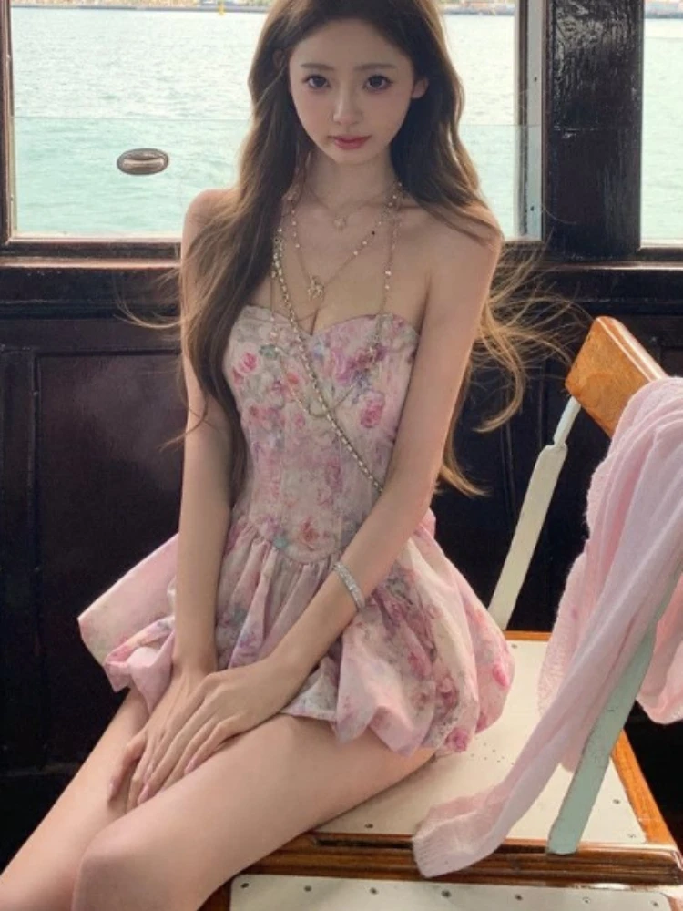 

Spring Sweet Retro Elegant 2 Piece Set Women Strapless Print Design Mini Pants Suit Female Lace Chic Korean Popular Clothes