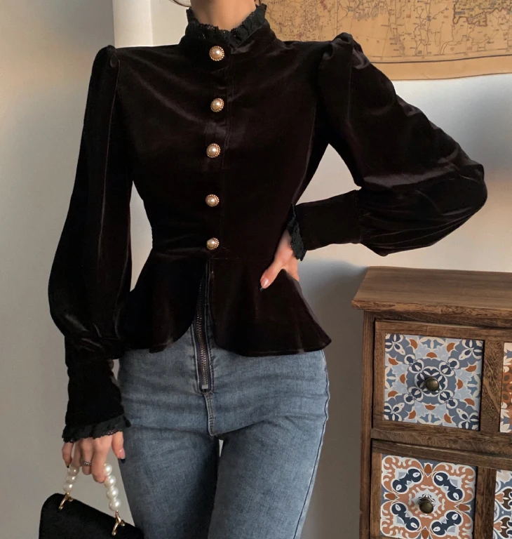 

Autumn Winter Blouses Women Tops Solid Ruffles Velvet Black Puff Sleeve Blusas Stand Collar Vintage Ropa Mujer Korean Vintage