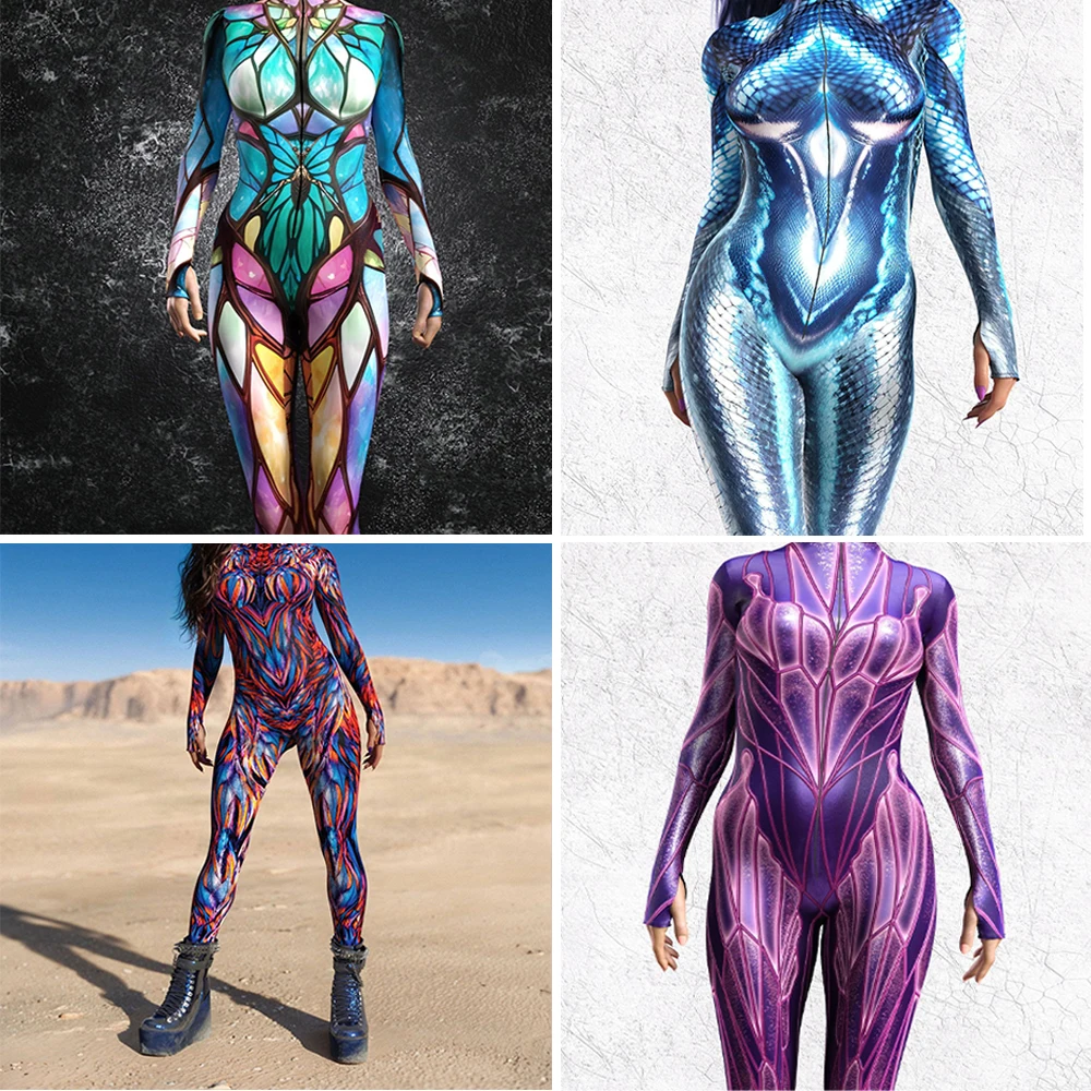 

2026 Women Cyber Punk Jumpsuit 3D Digital Printing Irregular Lines Adults Cosplay Bodysuit Carnival Party Unisex Cycling Catsuit