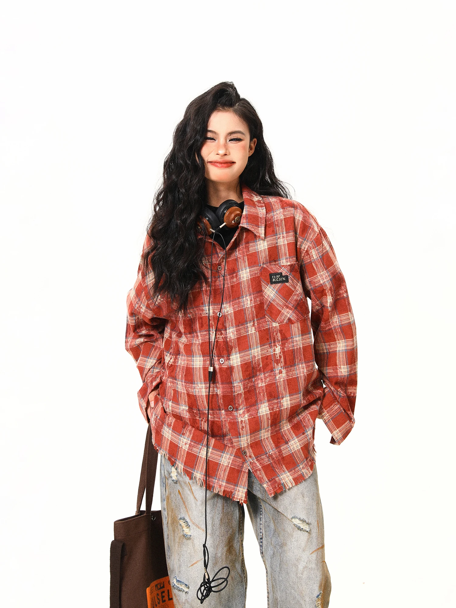 

Женские свободные брюки из полиэстера в американском стиле ретро в клетку Wild Red Plaid Long Sve irt, устойчивые к деформации