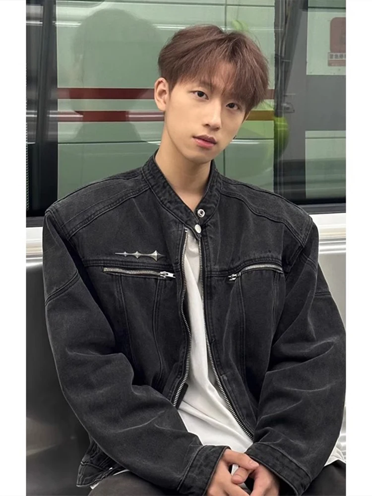 

American Sli oulder Pad Denim Jaet Men ort Cleanfit Silhouette Stand Collar Jaet Denim Coat Youth Faion