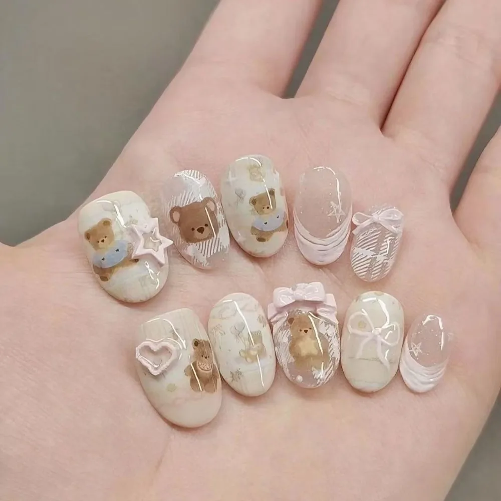 

10 Штук Милый Британский Стиль Медведь Ручной Работы Прессы На Ногтях Ранней Осени Лук Звезда Сердце Искусство Французские Поддельные Ногти Съемные Многоразовые