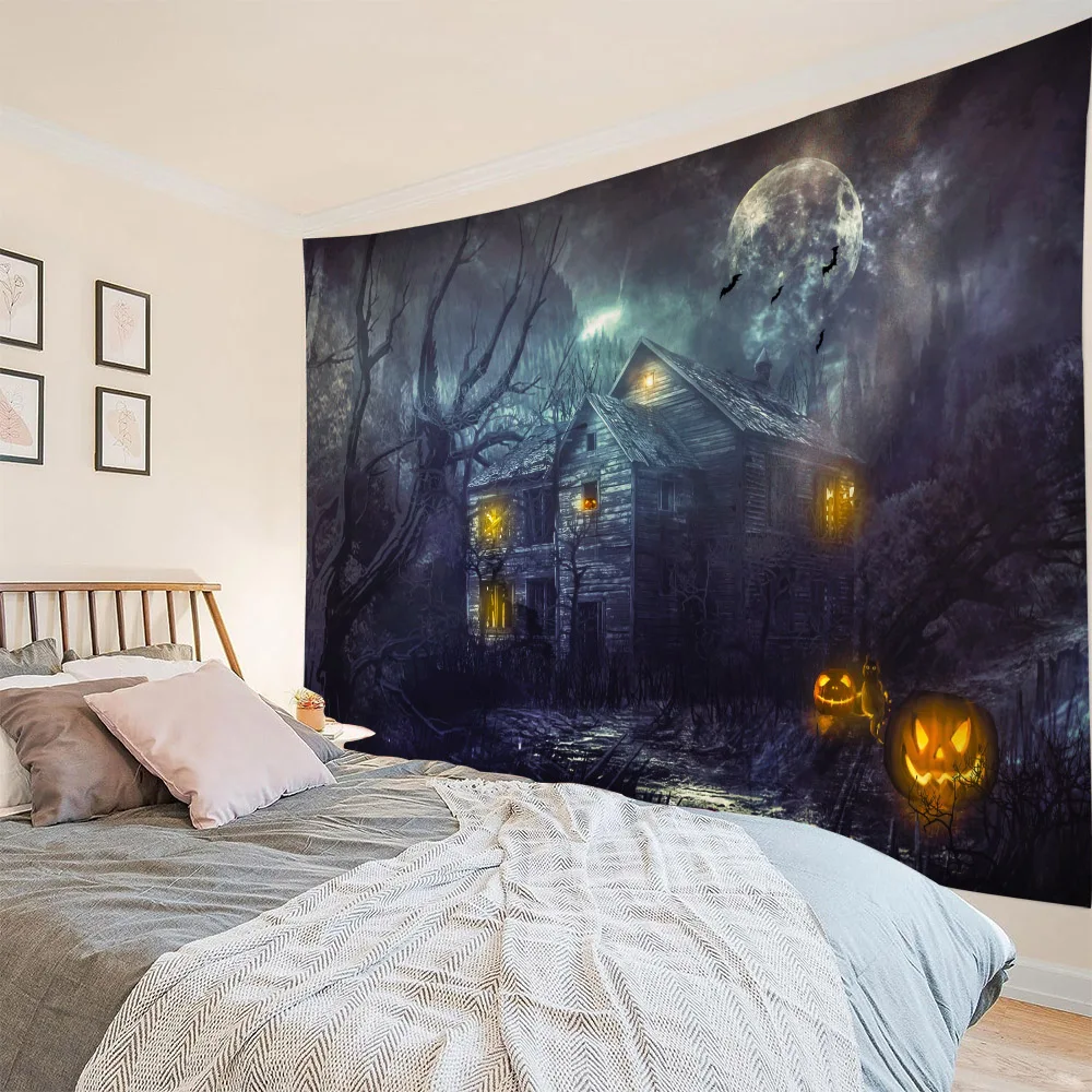 Spukhaus Kürbis Fledermaus Halloween Wandteppich Zimmer Schlafsaal Nacht Mond Hippie Wandbehang böhmische psychedelische Heimdekoration