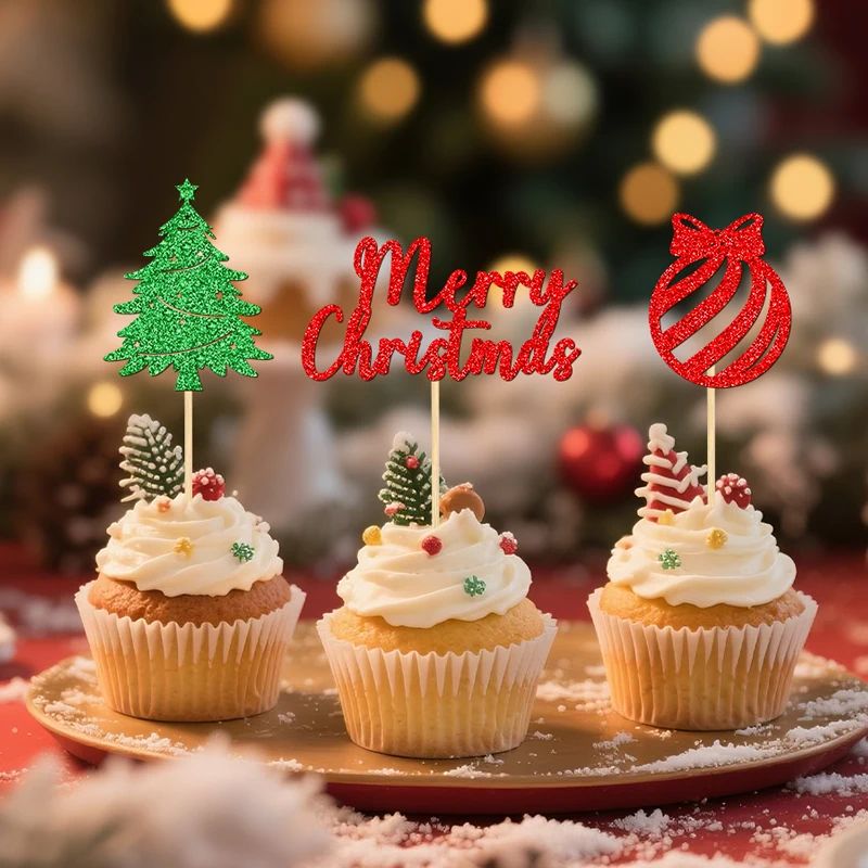 YOMDID 24 Stück Weihnachtskuchen-Dekorationen, Feiertags-Cupcake-Topper für Weihnachten, Kuchendeckel, glitzernde Weihnachtsdekorationen