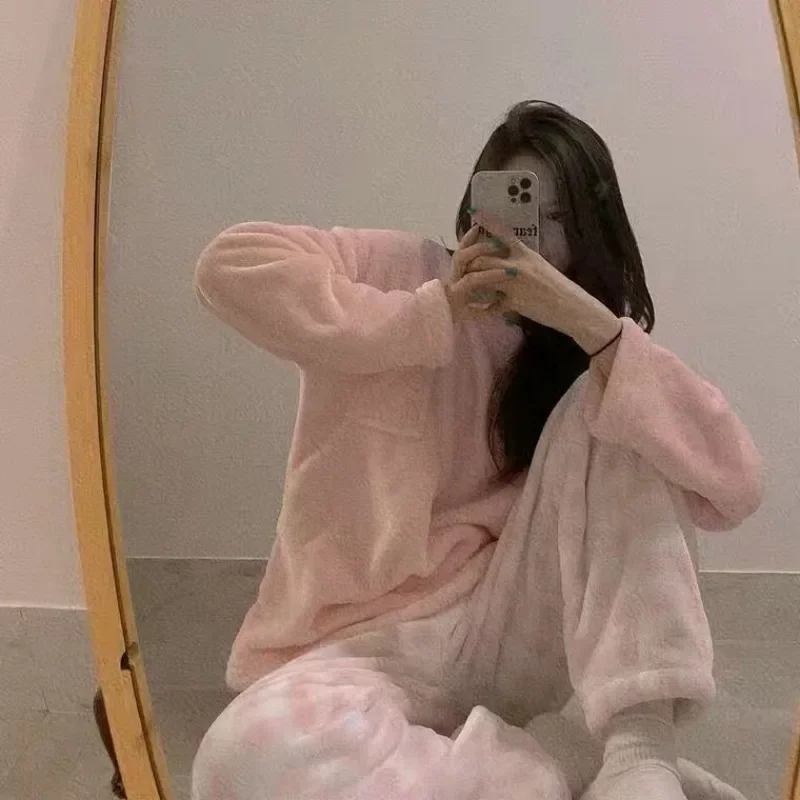 Women Coral Velvet Pajamas Winter Thickened Sleepwear New Casual Warm Flannel Cardigan Loungewear Girl's Home Outfit Set Pijama