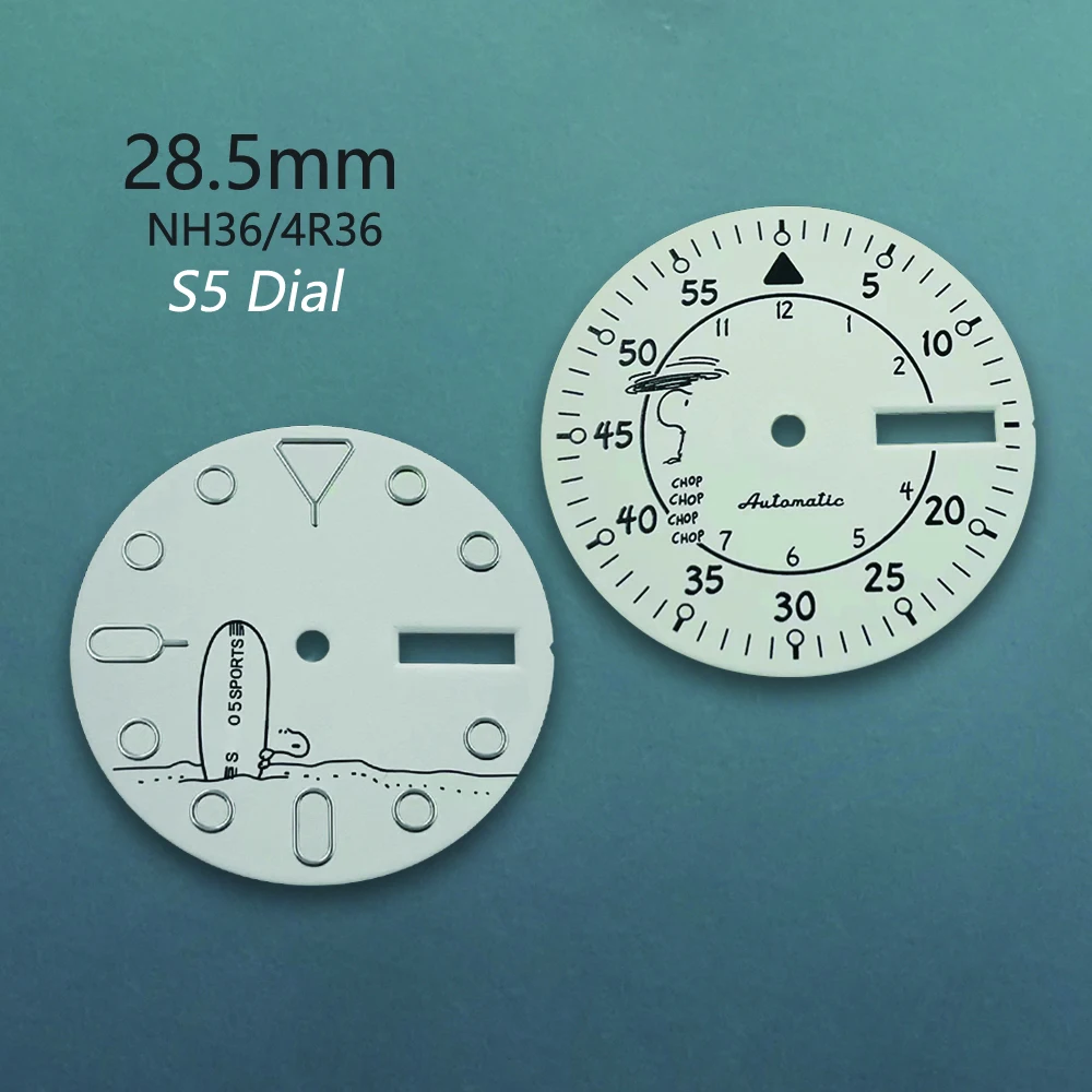 

28.5mm S5 Logo Cartoon Dog Dial Fit NH36/4R36 Japan Automatic Movement Green Luminous White Dial Watch Modification Accessories