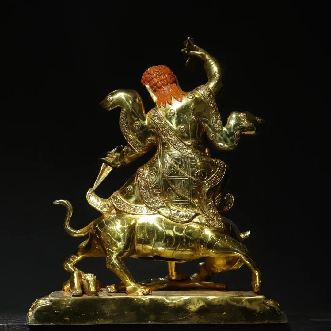 

21"Tibetan Temple Collection Old Bronze Gilded Painted Face Mahakal Vajra Buddha Sitting Tiger Lotus Platform Worship Hall
