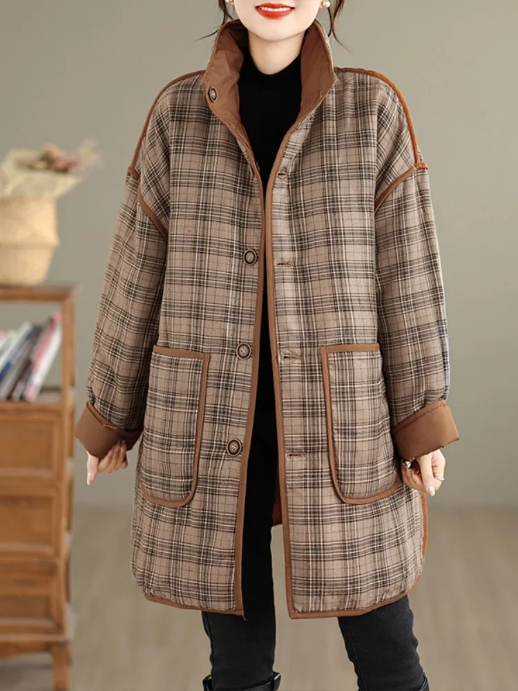 

Винтажное хлопковое пальто в клетку для женщин, зимнее, средней длины, с высоким воротником, утепленное, больших размеров, теплая хлопковая верхняя одежда