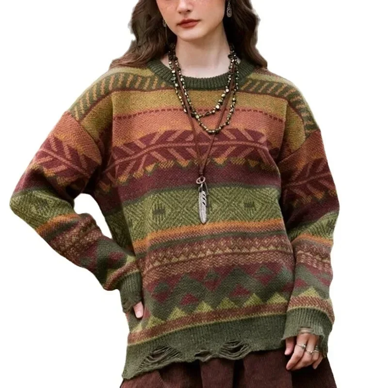 European and American Autumn and Winter New Loose Round Neck Geometric Pattern Perforated Knitted Long Sleeved Sweater