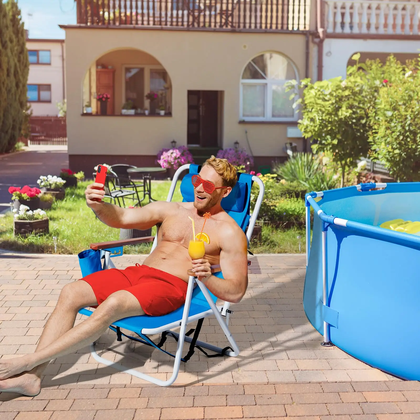 Folding Beach Chair Adjustable Headrest w/4 Flexible Tilt Angle 2