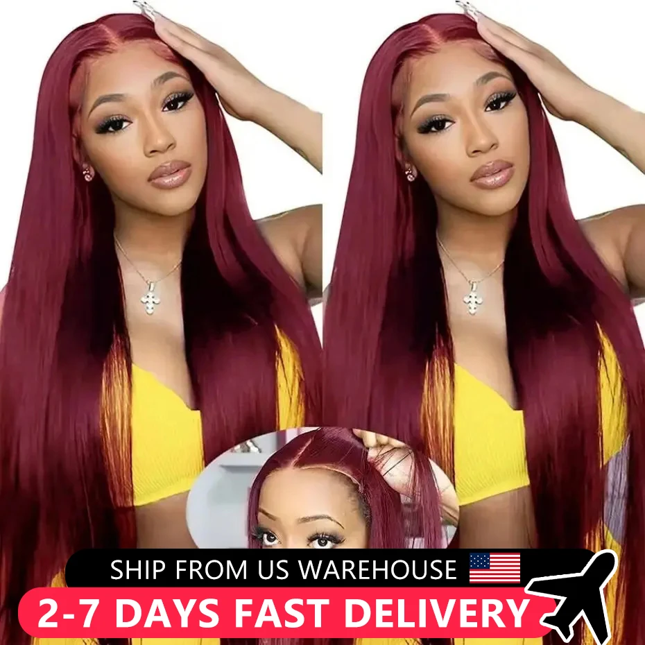 Glueless Wigs Bone Straight Human Hair 5x5 Brazilian Lace Closure Wig 99j Burgundy HD Transparent 13x4 13x6 Lace Frontal Wigs