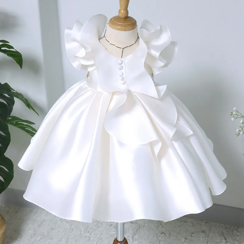 Customized High End Luxury Small V Neck Fly Sleeve Birthday Party Dresses Simple Solid Elegant Wave Edge A-line Ball Gown Prince