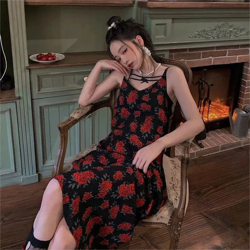 Spaghetti Strap Floral Printed Midi Dress Women Retro Chic Casual Dresses