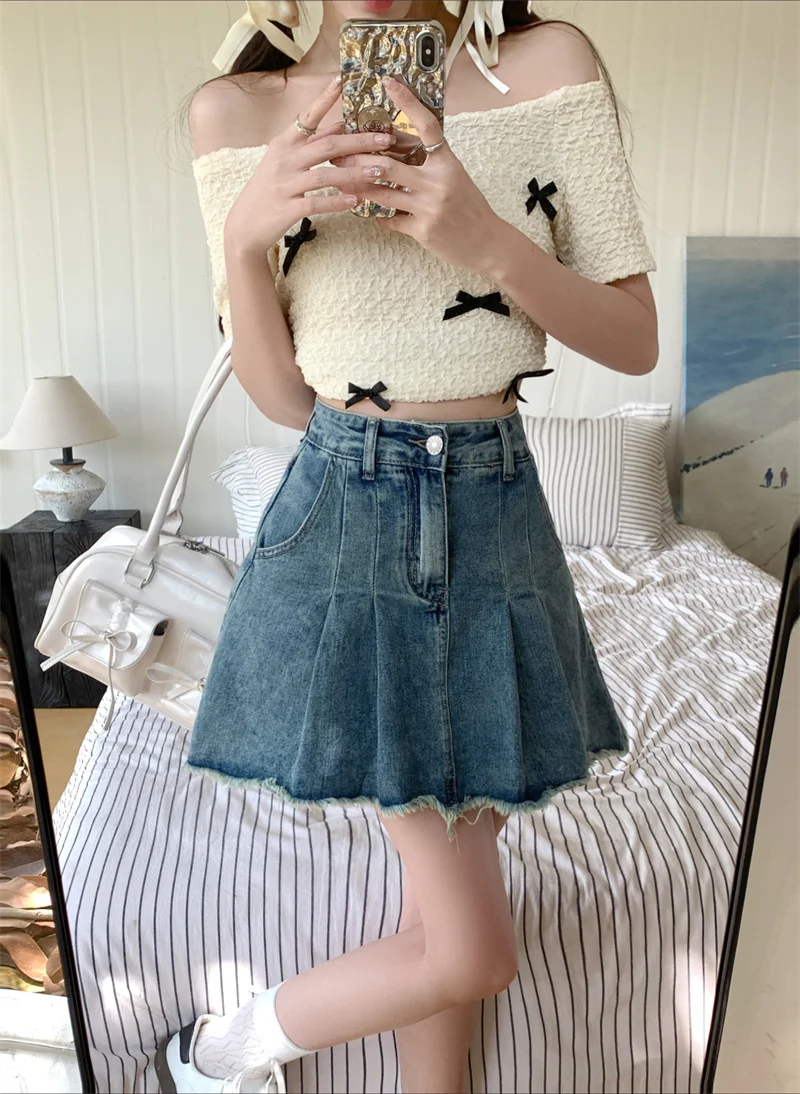 

Summer new high waisted spicy girl pleated skirt slimming and anti glare denim skirt short skirt for women