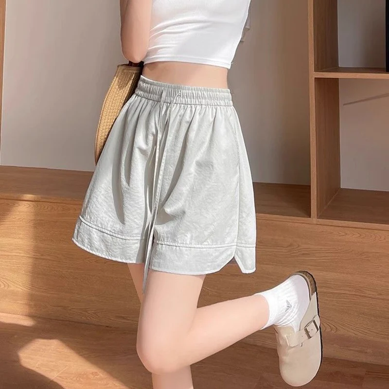 

Летние женские комфортные широкие шорты из ледяного шелка, тонкие повседневные шорты для девушек, модные шорты с высокой талией для женщин
