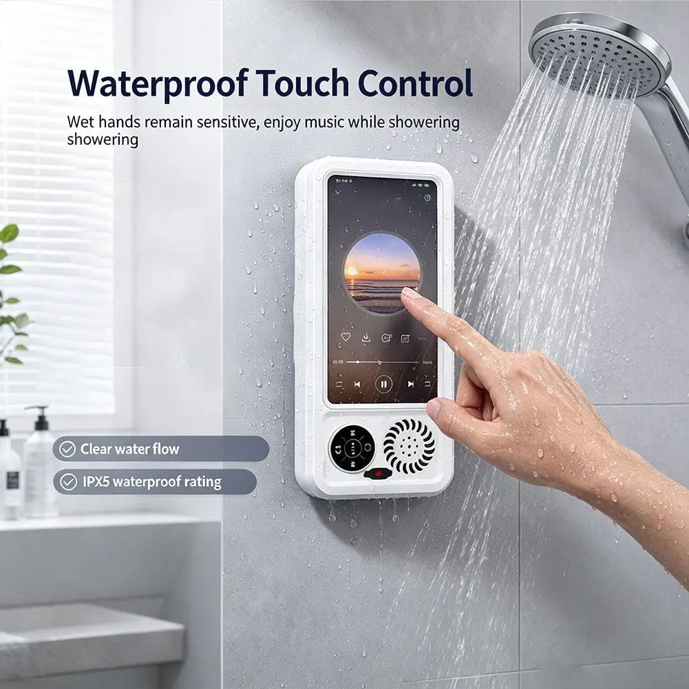 360-degree Bathroom Waterproof Phone Box Bluetooth Speaker Waterproof Anti-Fog Touch Screen Wall Mount Phone Holder For Shower