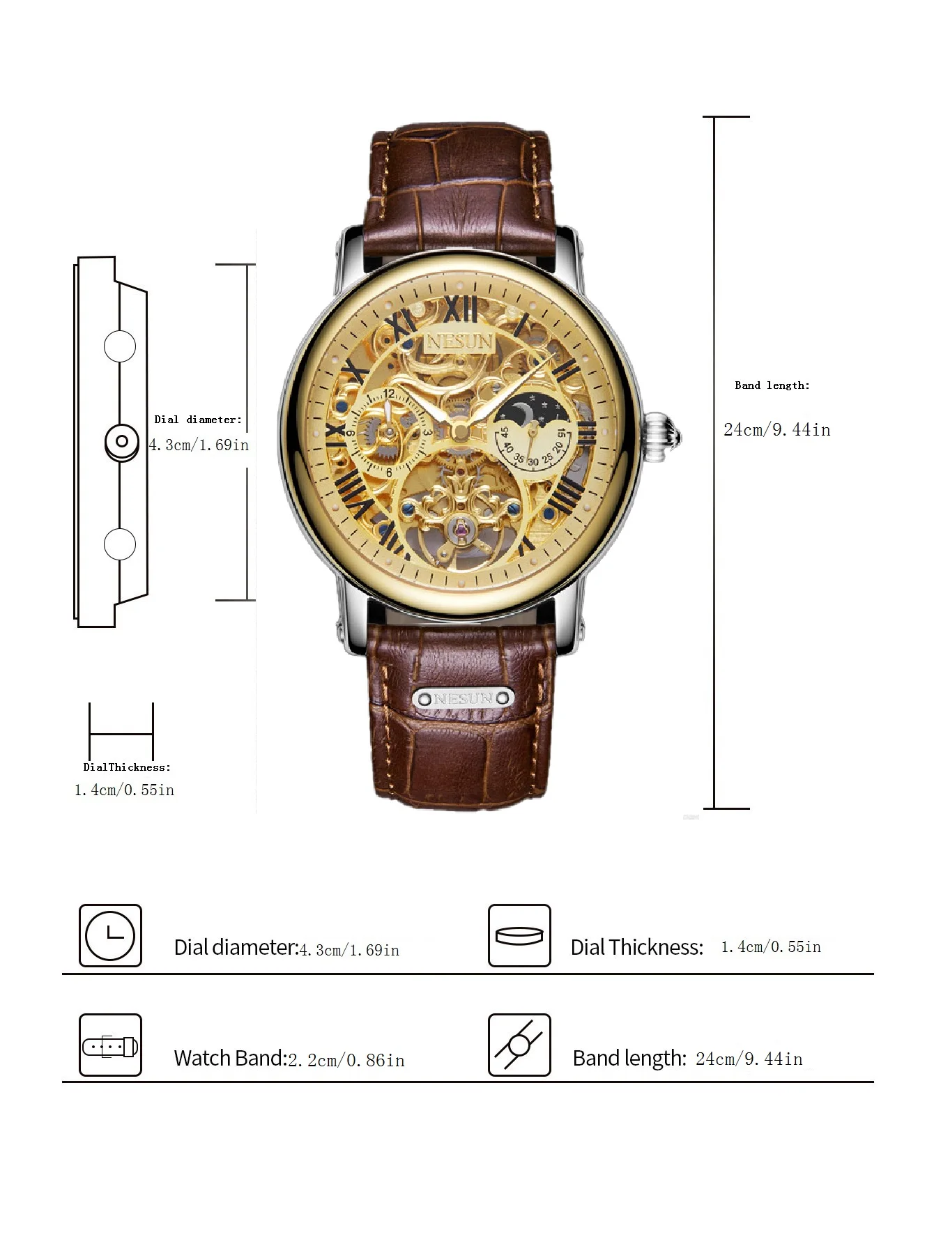 Nesun men's watch automatic mechanical watch men's large dial double hollowed men's watch luminous business men's watch